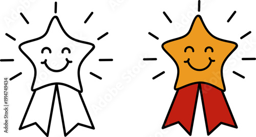 Achievement star badge. Happy smiling medal with ribbon for kids reward