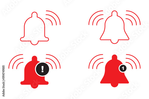 Notification bell icon set showing alert, reminder, ringing, and new message status symbols for apps, websites, and user interface design isolated on white background