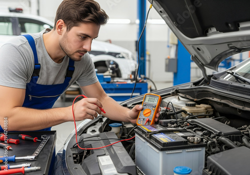 A mechanic is troubleshooting car problems by using a multimeter to test the battery and diagnose issues with the vehicle's electrical system