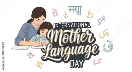 A woman and child celebrate International Mother Language Day with colorful linguistic symbols and illustrations.