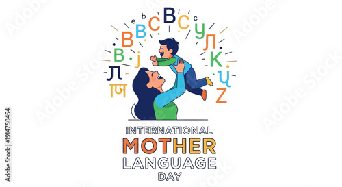 Illustration of a man and woman celebrating International Mother Language Day with letters from different alphabets.