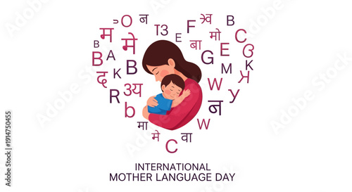 Mother and child celebrating International Mother Language Day with multilingual text illustrations