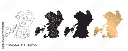 Vector illustration of a map icon of Kumamoto, Japan, in various styles, featuring black and gold colors. Design symbols.