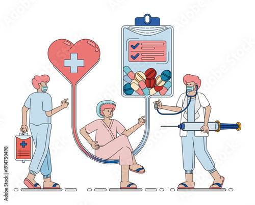 Vector illustration of Patient Receiving Intravenous Heart Treatment Assisted By Doctor And Nurse In Hospital. Can be used for company websites, Hospital websites, campaigns, brochures, marketing, pos