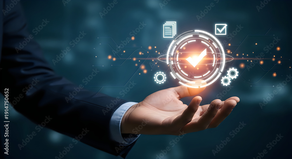 Fototapeta premium Businessman's Hand Holding Glowing Digital Checkmark, Symbolizing Quality Control, Business Approval, and Successful Task Completion