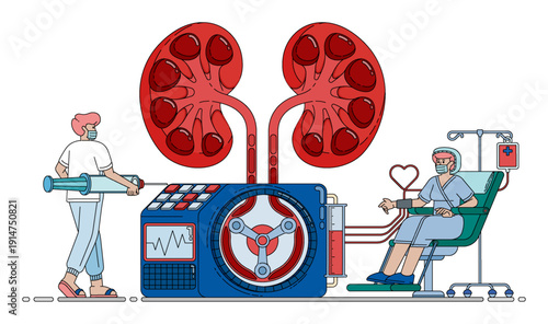 Vector illustration of Dialysis Treatment With Medical Machines Supporting Kidney Patient Recovery. Can be used for company websites, Hospital websites, campaigns, brochures, marketing, poster ads