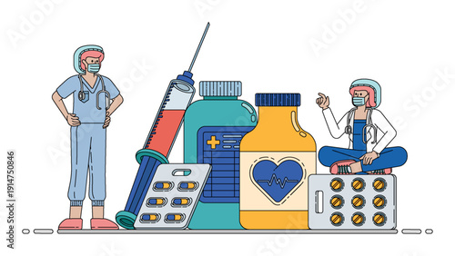 Vector illustration of Doctors And Nurses Reviewing Medications Suitable For Insurance Coverage. Can be used for company websites, Hospital websites, campaigns, brochures, marketing, poster ads
