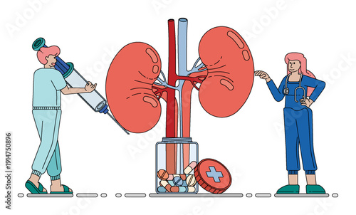 Vector illustration of Doctors And Nurses Administer Treatment For Patients With Kidney Failure Care. Can be used for company websites, Hospital websites, campaigns, brochures, marketing, poster ads