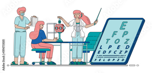 Vector illustration of Ophthalmologist Examining Patient Eyes For Vision Test And Glasses Prescription. Can be used for company websites, Hospital websites, campaigns, brochures, marketing, poster ads