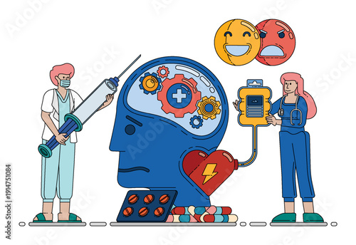 Vector illustration of Psychological Treatment With Antidepressants For Patient Mood Balance Care. Can be used for company websites, Hospital websites, campaigns, brochures, marketing, poster ads