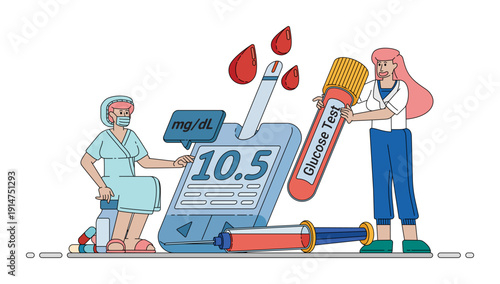 Vector illustration of Doctor Checking Blood Sugar Levels For Diabetes Treatment Planning. Can be used for company websites, Hospital websites, campaigns, brochures, marketing, poster ads