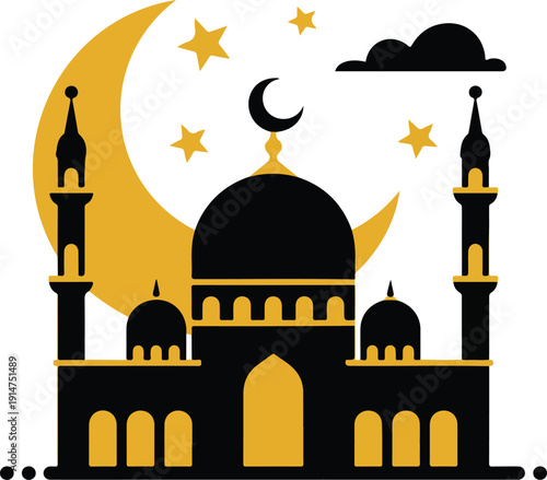Islamic Mosque with Crescent Moon Vector Illustration  Transparent Background