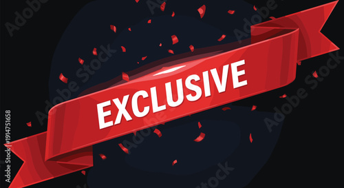 Exclusive red ribbon vector illustration with white text, falling red confetti, premium quality label, luxury promotion banner, and professional branding.