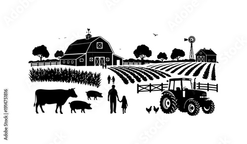 Rural Farm Life with Family and Animals Vector Illustration