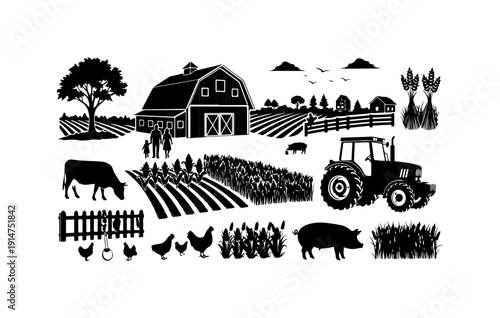 Rustic Farm Life Vector Illustration Set