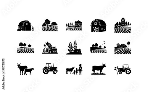 Black and White Agricultural Farming Icons Set