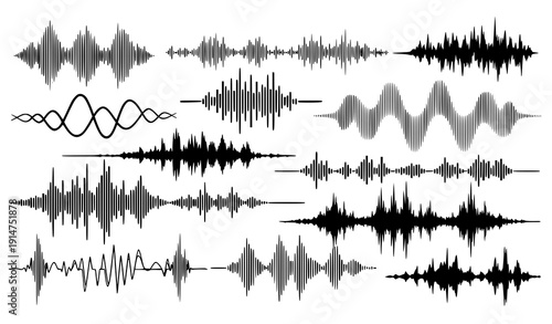 Abstract black sound wave vector background layered audio waveform illustration