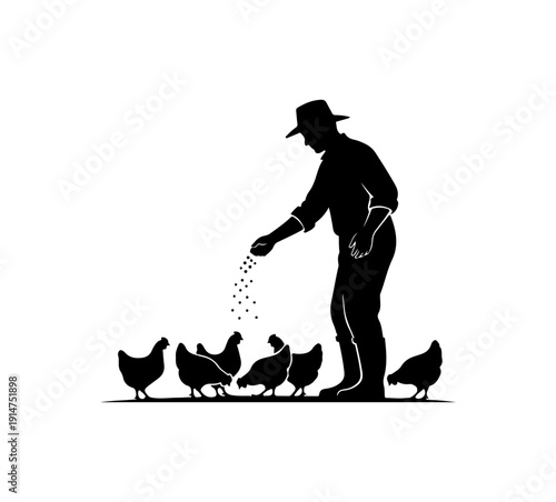 Farmer Feeding Chickens Silhouette Vector Art
