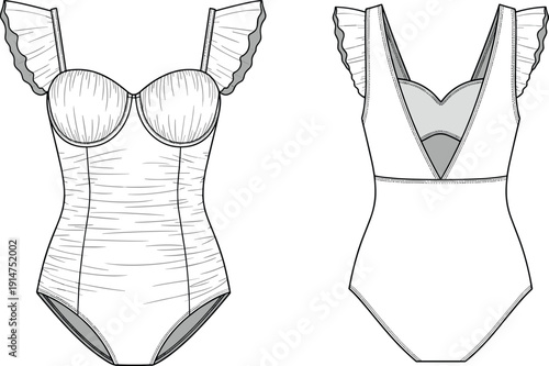 Technical fashion flat sketch of a women’s corset style top with underwire cups, puffed three-quarter sleeves, waist cinching bodice details.