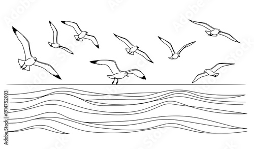 Seagulls in flight vector template over sea waves World Maritime Day illustration