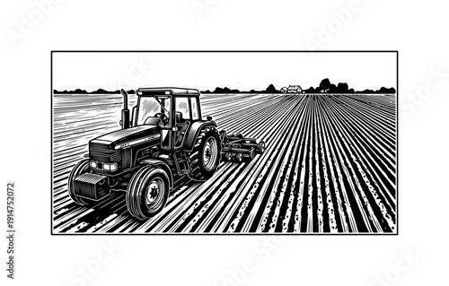 Modern Tractor Plowing Agricultural Field