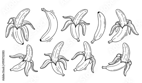 Banana peel doodle vector set hand-drawn outline clipart icons peeled banana illustration