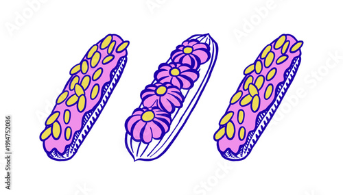 A set of outline illustrations of baked goods in bright colors. Eclairs with cream, nuts, and icing