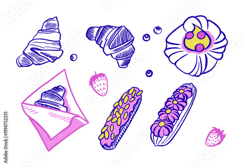A set of outline illustrations of baked goods in vibrant colors. Sweet pastries: croissants, eclairs, turnovers (puff pastry envelopes), berries