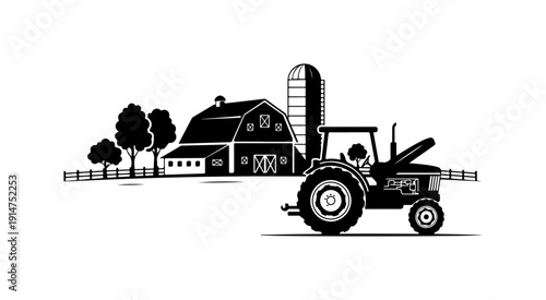 Classic Farm Tractor with Barn Silo Vector Illustration