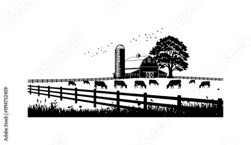 Rustic Farm Scene with Cows and Silo