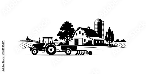 Rural Farm Scene with Tractor and Barn Silhouette