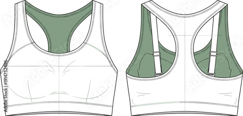 Women's sports bra technical fashion flat sketch, featuring racerback design, adjustable straps, elastic underband, and internal supportive cup structure details.