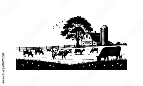 Rustic Farm Scene with Cows and Barn Silo