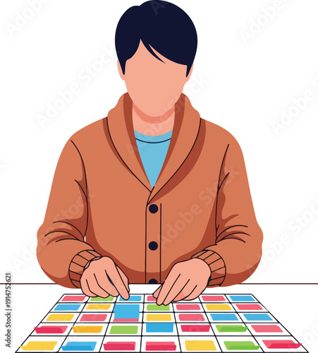 A man placing colorful sticky notes on a table on transparent background