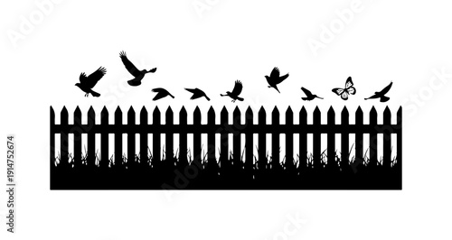 Black Silhouettes of Birds Flying Over Fence