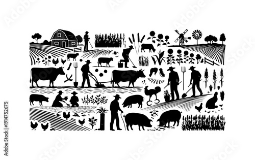 Rustic Farm Life and Agricultural Activities Vector Illustration