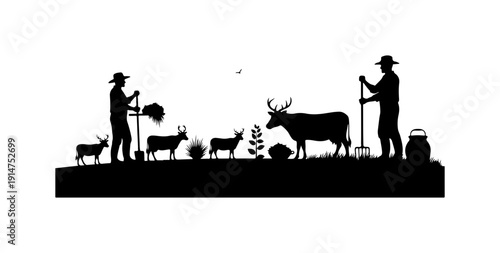 Rustic Farm Life Silhouette with Deer and Farmers
