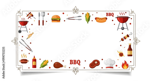BBQ themed frame with grilling utensils and food icons.