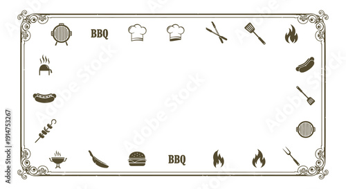 Ornate BBQ Menu Frame with Cooking Utensils and Ingredients.