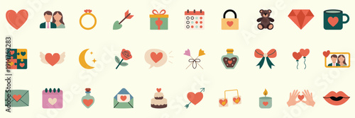 Love and Valentine icon set in flat color style