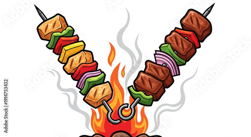 Colorful kebabs with vegetables and meat on skewers over flames.