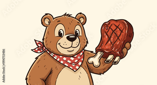 Cartoon bear holding a grilled lamb chop with a red bandana.