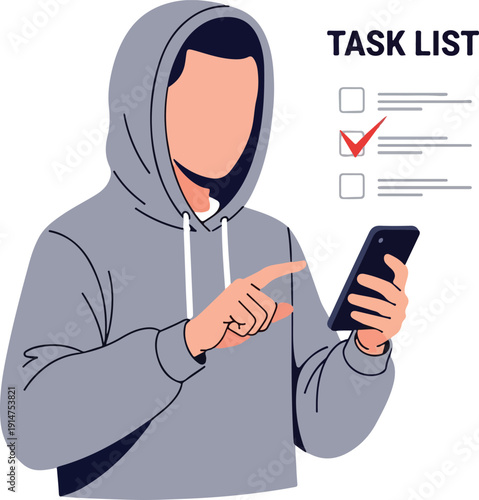 A cartoon man in a gray hoodie checking his phone on transparent background