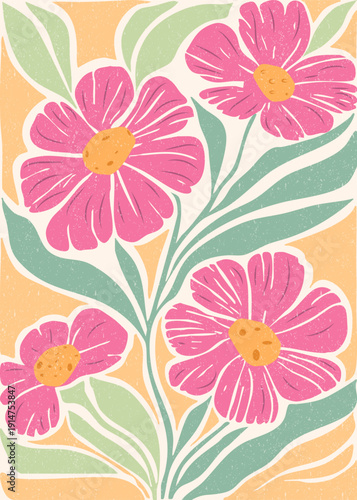 Artistic vector illustration of large pink flowers with green leaves in a retro groovy style. The grainy texture and warm orange background create a vintage aesthetic perfect for modern wall art, post
