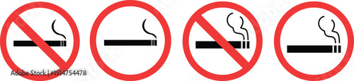 No smoking sign icon set collection group with cigarette symbol, prohibition warning label, stop tobacco notice, red circle ban mark, public health regulation and indoor air safety message.