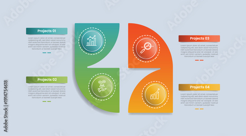 4 points infographic with glossy gradient style with creative structure center on quadrant structure with unbalance position with four segment information
