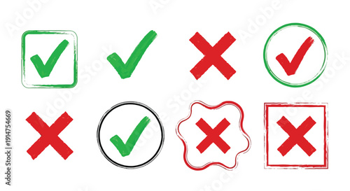 Collection of hand drawn check and cross marks in various shapes