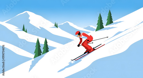 Flat Vector Illustration of Skier Skiing Down Snowy Mountain in Winter Landscape