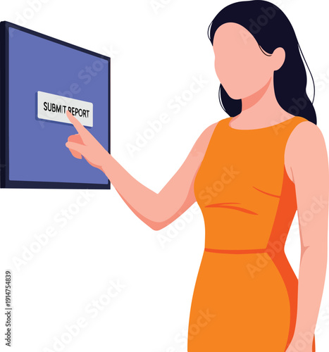 A woman in an orange dress submitting a report on transparent background