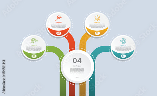 4 points infographic with glossy gradient style with big circle bottom and small at top spreading connected by round thick line with four segment information